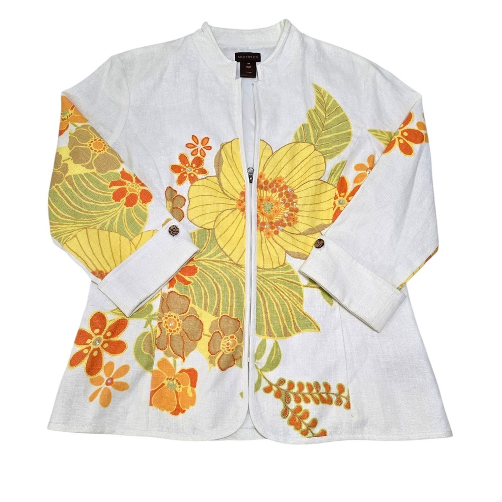 Multiples White Floral Print 3/4 Sleeve Full Zip Up Linen Boho Jacket - Size M